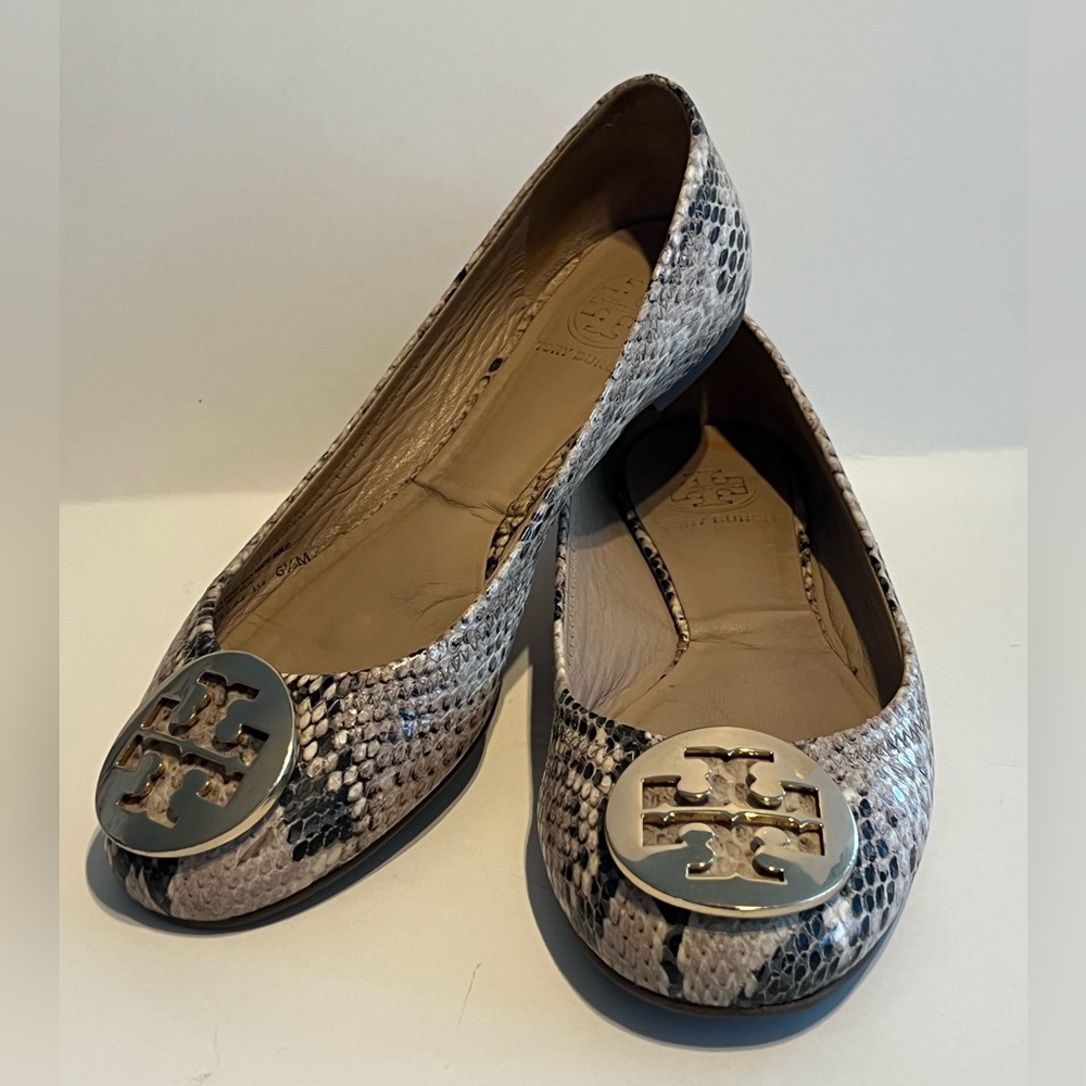 Tory Burch Snakeskin Flats with Silver Logo